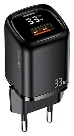 USAMS T46 černá / Nabíječka / USB-C PD3.0 + USB QC3.0 / 33W