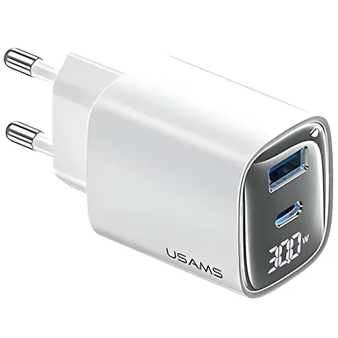 USAMS XC Series CC229 bílá / Nabíječka / GaN / USB-C + USB-A / 30W / Digitální displej