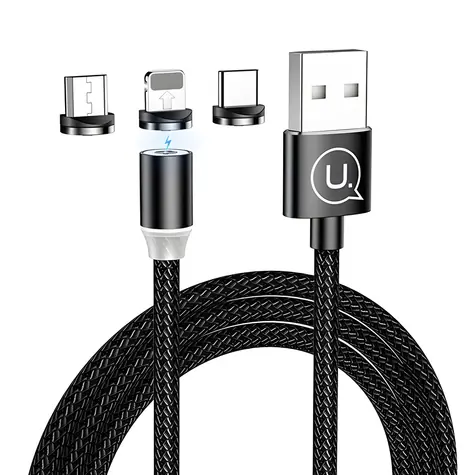 USAMS SJ438 U-Sure černá / Magnetický datový kabel / 3v1 / USB-C, Micro-USB, Lightning / 1 m