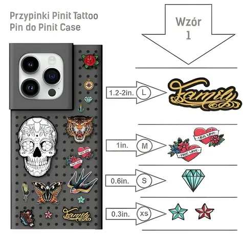 Pinit Dynamic + Tattoo Pin černá, vzor 1 / Kryt / Apple iPhone 14 Plus, 15 Plus / MagSafe / sada 6 placek