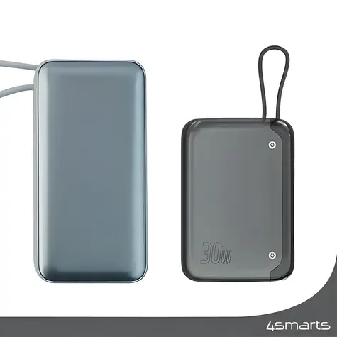 4smarts Pocket 10000mAh vesmírně šedá / Powerbanka / 30W PD / vestavěný USB-C kabel / LCD displej