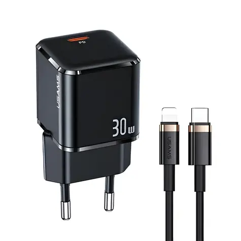 USAMS T45 černá / Nabíječka / USB-C 30W / PD3.0 / QC3.0 / vč. kabelu USB-C-Lightning