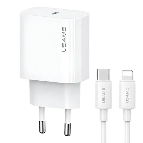 USAMS CC226 T65 + SJ712 bílá / Nabíječka a kabel / USB-C / Lightning / PD 20W