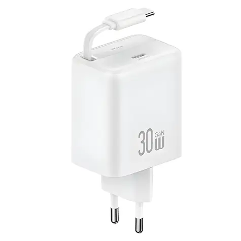 USAMS CC241 bílá / Nabíječka / GaN / USB-C PD+QC / 30 W / výsuvný kabel