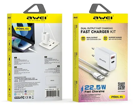 AWEI PD81L-EU bílá / Síťová nabíječka / GaN / 22.5W / USB-C + Lightning kabel / PD/QC