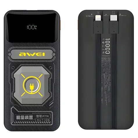 Awei P77K černá / Powerbanka / 10000mAh / 22,5W / vestavěné kabely USB-C a Lightning / displej
