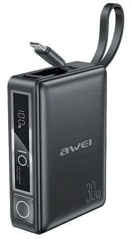 AWEI P87K černá / Powerbanka / 10000mAh / 30W / integrovaný kabel USB-C + Lightning