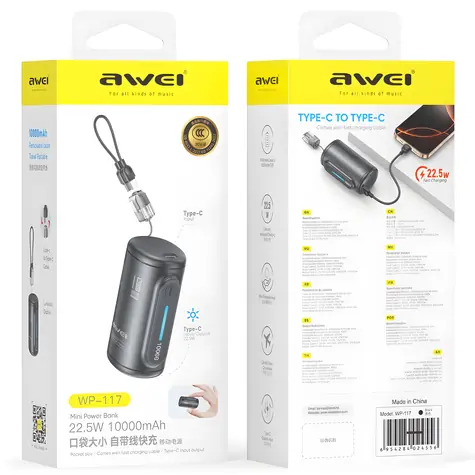 Awei WP-117 černá / Powerbanka / 10000mAh / 22,5W / 2x USB-C