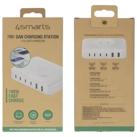 4smarts 7v1 100W nabíjecí stanice bílá / Nabíjecí stanice / Bezdrátové nabíjení 15W / GaN / 7 portů
