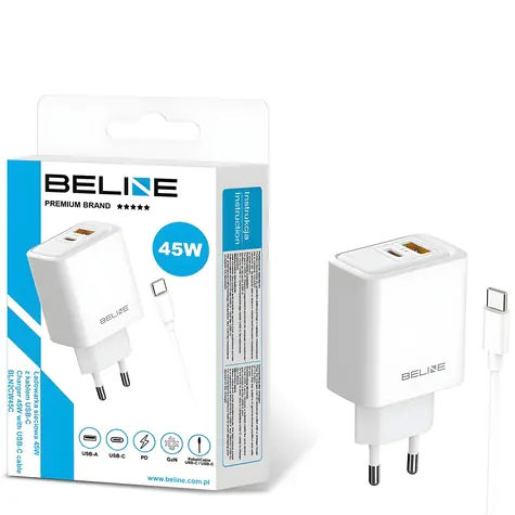 Beline BLN2CW45C bílá / Napájecí adaptér / 45W / PD / GaN / USB-A + USB-C / vč. kabelu USB-C