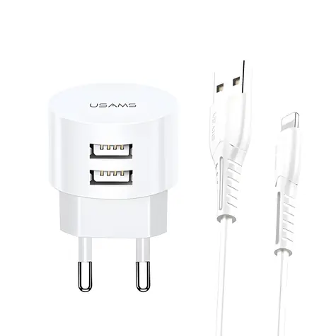 USAMS T20 bílá, Lightning kabel / Nabíječka / 2x USB-A / 2.1A