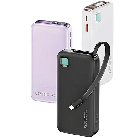 USAMS US-CD225 10000mAh černá / Power Bank / Výsuvný Lightning kabel / PD 20W