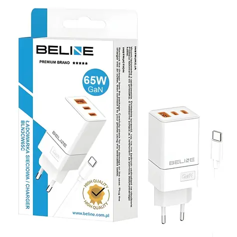 Beline BLN3CW65C bílá / Nabíječka / GaN / 65W / 2x USB-C + USB-A / PD 3.0 + QC 3.0 / USB-C kabel