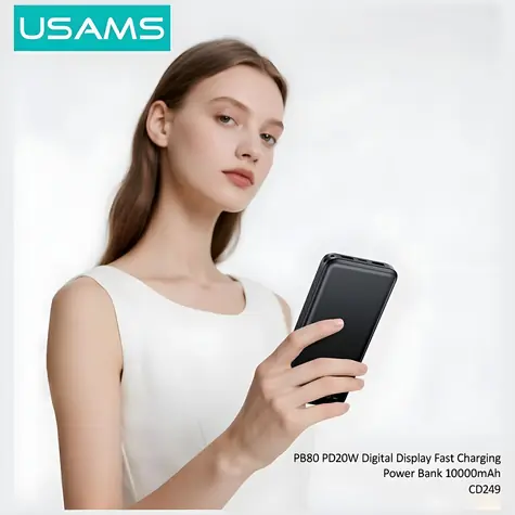 USAMS PB80 bílá / Powerbanka / 10 000 mAh / PD 20W / LED displej