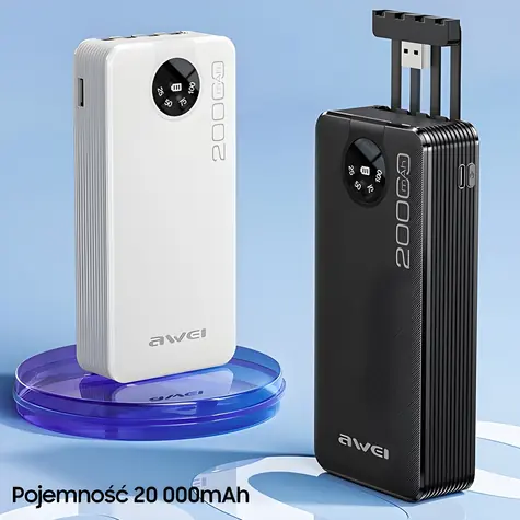 Awei P134K černá / Powerbanka / 20000mAh / LED displej / USB-C, Lightning, MicroUSB kabely