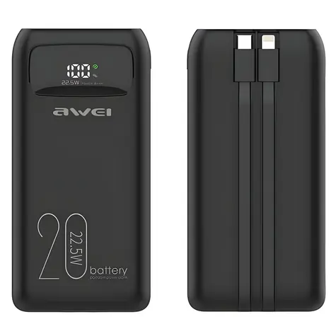 Awei P169K černá / Powerbanka / 20000mAh / 22,5W / LCD displej / USB-C a Lightning kabel