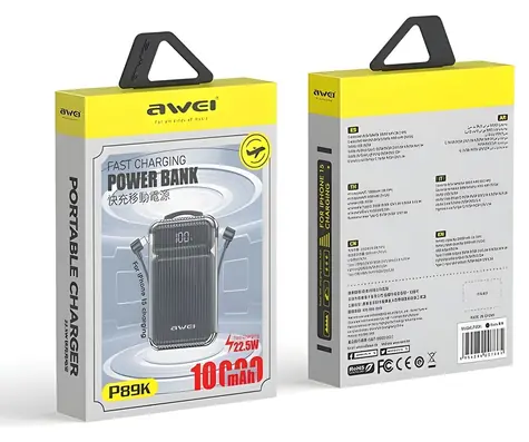 Awei P89K černá / Powerbanka / 10000mAh / Bezdrátové nabíjení / PD 20W / kabely USB-C + Lightning