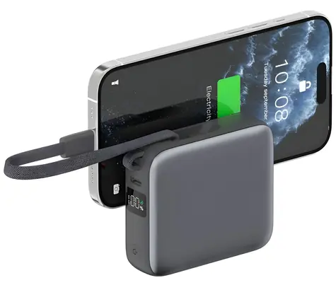 4smarts Pocket Dual Cord 10000mAh šedá / Powerbanka / 22,5 W / integrovaný kabel USB-C 15 cm / USB-A + USB-C