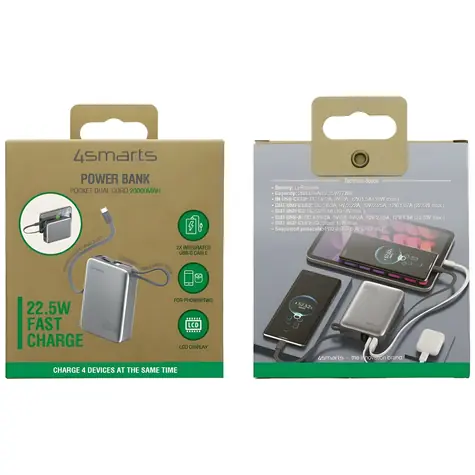 4smarts Pocket Dual Cord 20000mAh šedá / Powerbanka / vestavěný kabel USB-C 15 cm / 22,5 W / USB-A + USB-C