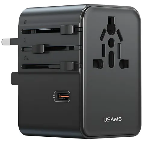 USAMS CC310 černá / Cestovní adaptér / 3x USB-C / 2x USB-A / 70W / 4v1 US/AU/EU/UK