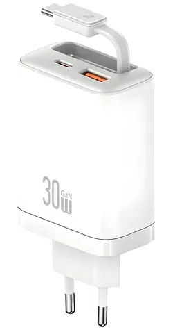 USAMS Xiang Series CC296 bílá / Nabíječka / GaN / 30W / 1x USB-C / 1x USB-A / vestavěný kabel USB-C
