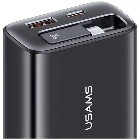USAMS Xiang Series CC296 černá / Nabíječka / 30W / 1x USB-C / 1x USB-A / výsuvný USB-C kabel