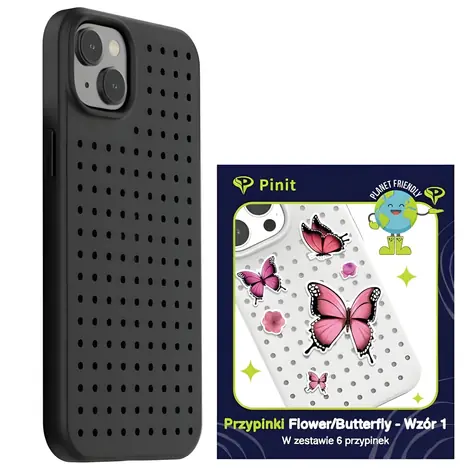 Pinit Dynamic + Flower/Butterfly černá / Pouzdro se špendlíky / Apple iPhone 14 / 15 / 13 6,1