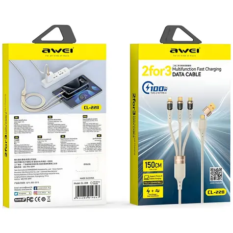 AWEI CL-228 3v1 černá / Kabel / USB-C - USB-C + Lightning + Micro-USB / 100W / LED displej / 1,5 m
