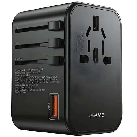 USAMS T62 černá / Cestovní adaptér / 65W / 1x USB / 2x USB-C / US/AU/EU/UK