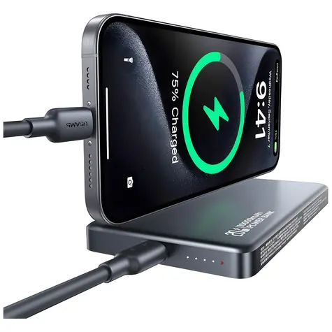 USAMS CD242 CY Series titanová / Power Bank / 10000mAh / Bezdrátové nabíjení 15W / PD 20W / Hliníkové tělo