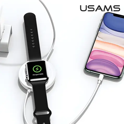 USAMS CC096 černá / Bezdrátová nabíječka / 3v1 / 10W / s Lightning kabelem / pro telefon, sluchátka, hodinky