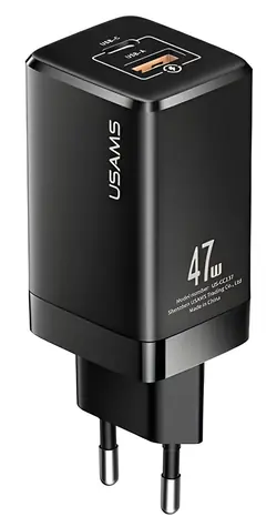 USAMS T41 černá / Síťová nabíječka / GaN / USB-C + USB-A / 47W / PD / QC