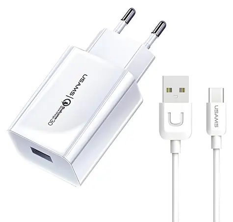 USAMS T22 bílá / Síťová nabíječka / QC3.0 / 18W / USB-C kabel 1m