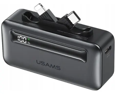 USAMS XB-Series CD233 stříbrná / Powerbanka / 5000 mAh / PD 20W / vestavěný kabel USB-C/Lightning