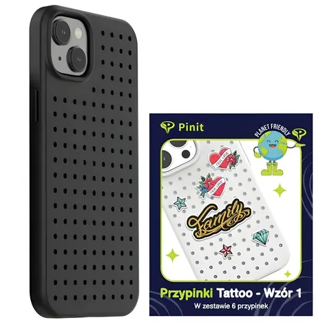 Pinit Dynamic + Tattoo Pin černá, vzor 1 / Kryt / Apple iPhone 13/14/15 / MagSafe / sada 6 placek