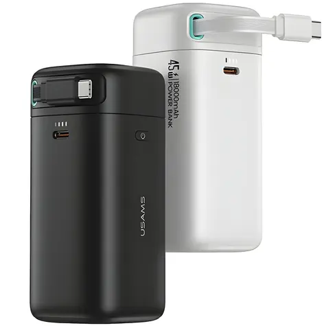 USAMS XMF Series Powerbanka výsuvný kabel USB-C černá / Power Bank / 18000 mAh / PD 45W / 2x USB-C