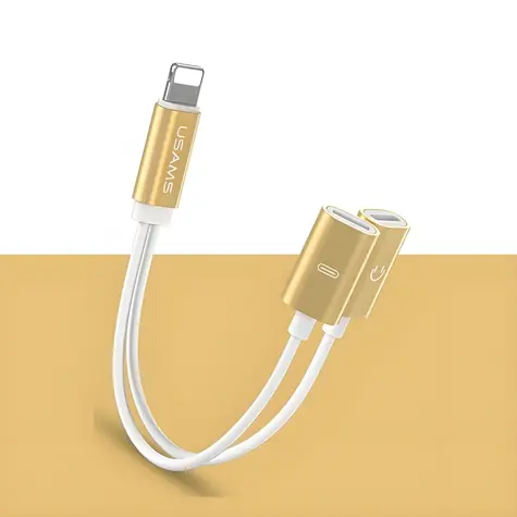 USAMS SJ160 zlatá / Adapter / 2v1 Lightning / Audio + nabíjení