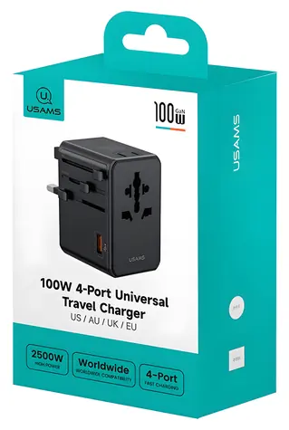 USAMS T72 černá / Cestovní nabíjecí adaptér / 65W / GaN / USB-A + 3x USB-C / 4v1 US/AU/EU/UK