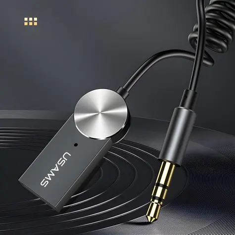 USAMS SJ464 šedá / Bluetooth audio adaptér / do auta / BT 5.0 / 3,5mm AUX / USB napájení