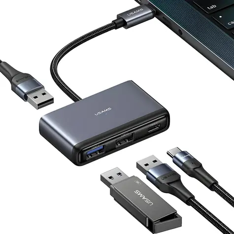 USAMS SJ627 šedá / USB hub / USB-C / 4v1 / 1x USB 3.0 / 2x USB 2.0