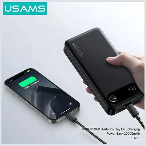 USAMS PB80 černá / Powerbanka / 20000mAh / PD 20W / USB-C + 2x USB-A / LED displej