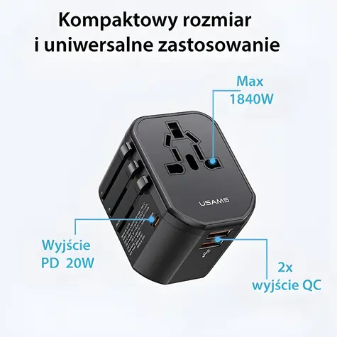 USAMS T59 US-CC179 černá / Cestovní nabíječka / 2x USB-A / 1x USB-C PD 20W / 4v1 US/AU/EU/UK
