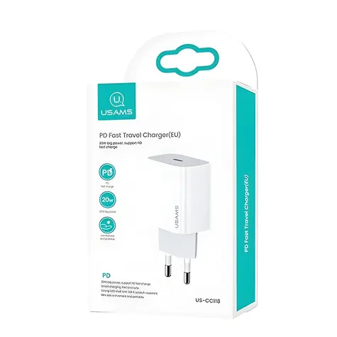 USAMS T34 bílá / Nabíječka / USB-C / 20W / PD3.0 / 5V/3A