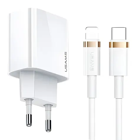 USAMS T49 bílá / Nabíječka + kabel USB-C-Lightning / 20W / PD3.0 / USB-C