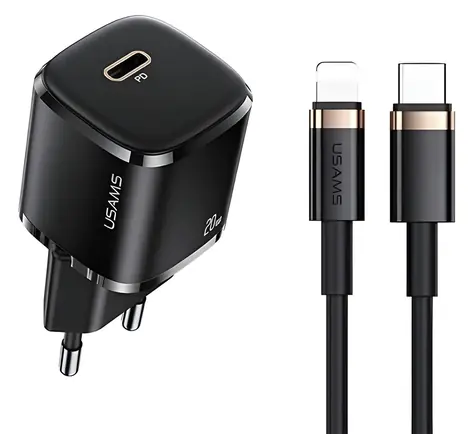 USAMS T36 mini černá / Síťová nabíječka / USB-C / PD 20W / + kabel USB-C - Lightning