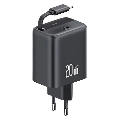 USAMS CC233 černá / Nabíječka / GaN / USB-C PD+QC / 20W / výsuvný kabel 80cm