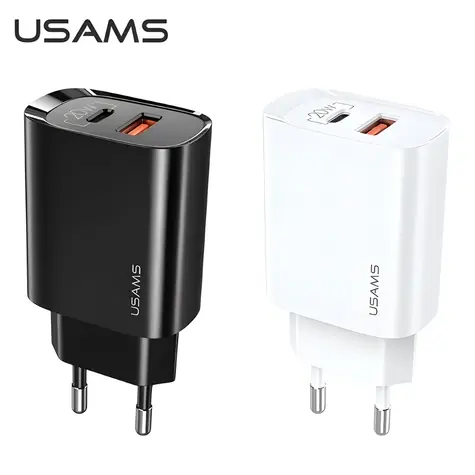 USAMS CC121 bílá / Síťová nabíječka / USB-C + USB / 20W / PD3.0, QC3.0