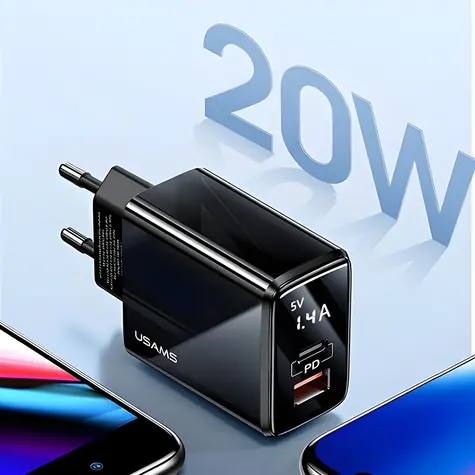 USAMS T40 CC133T černá / Nabíječka / 1x USB-C + 1x USB-A / PD3.0 20W + QC3.0 / LED displej