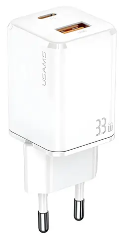 USAMS T43 bílá / Nabíječka / USB-C + USB / 33W / PD3.0, QC3.0