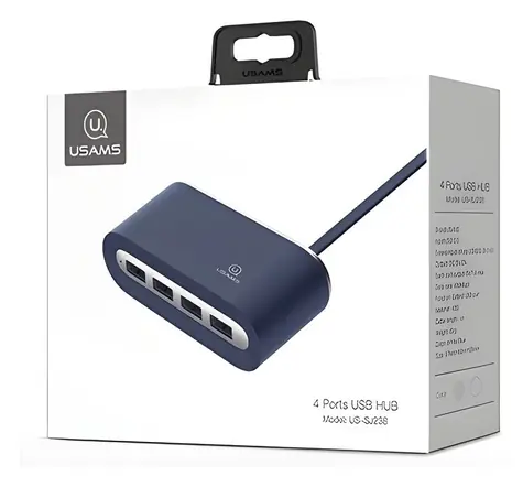 USAMS SJ238 modrá / USB rozbočovač / 4x USB 2.0 / Micro USB port / 480 Mb/s